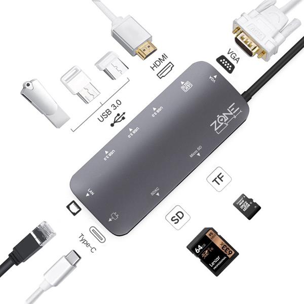 Cổng Chuyển ZoneLink Z9IN1 USB Type C to LAN | HDMI | VGA | 3 x USB 3.0 | USB Type C | Micro SD | SD Card Reader